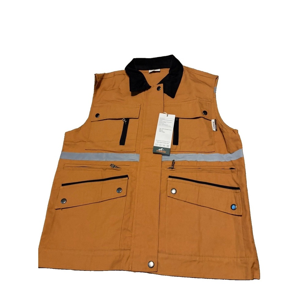 YUKIRTIQ Mens Outdoor Work Utility Vest Size S Brown Reflective Multi Pocket NWT